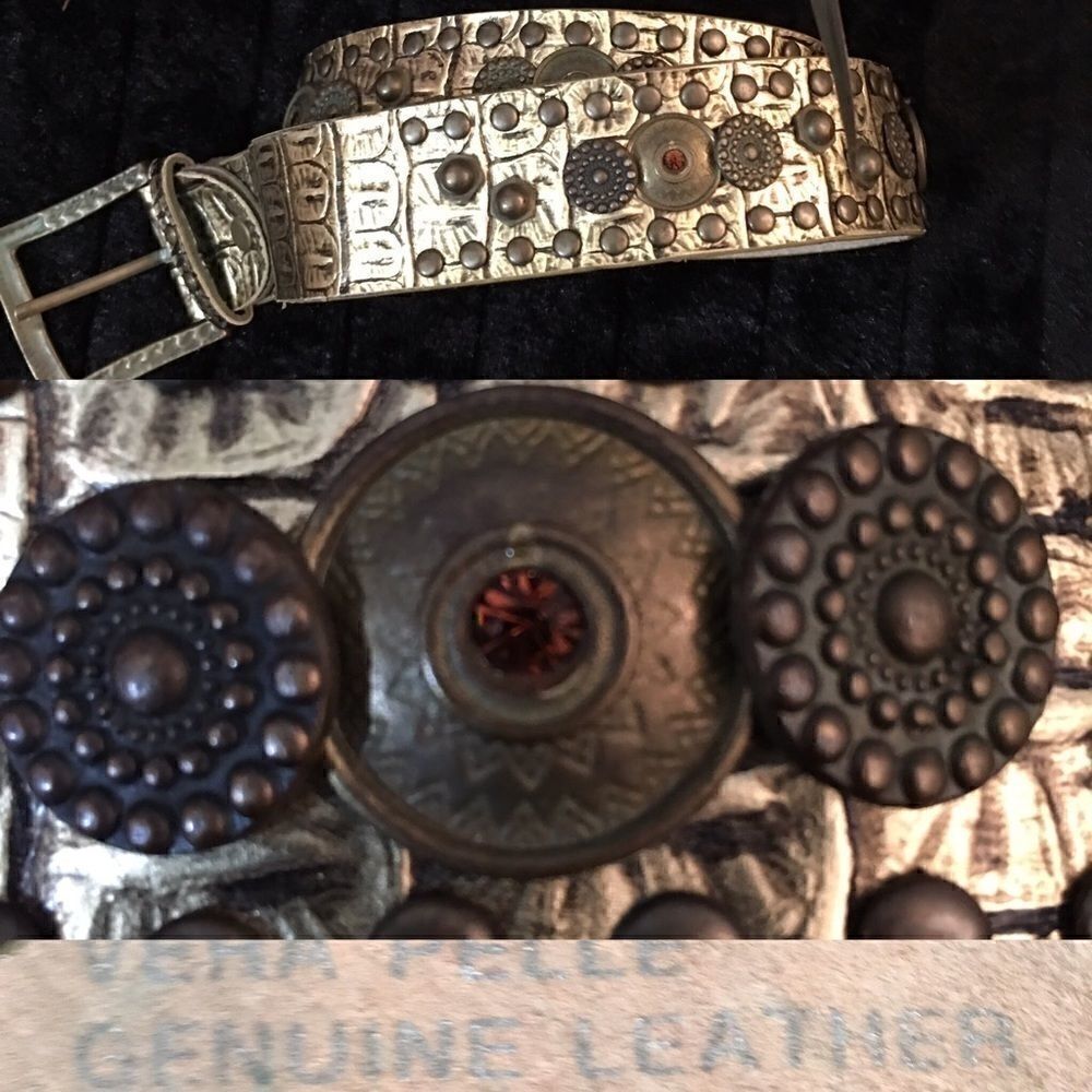 Vera Pelle Authentic Leather Metal Stone Croc Belt‎